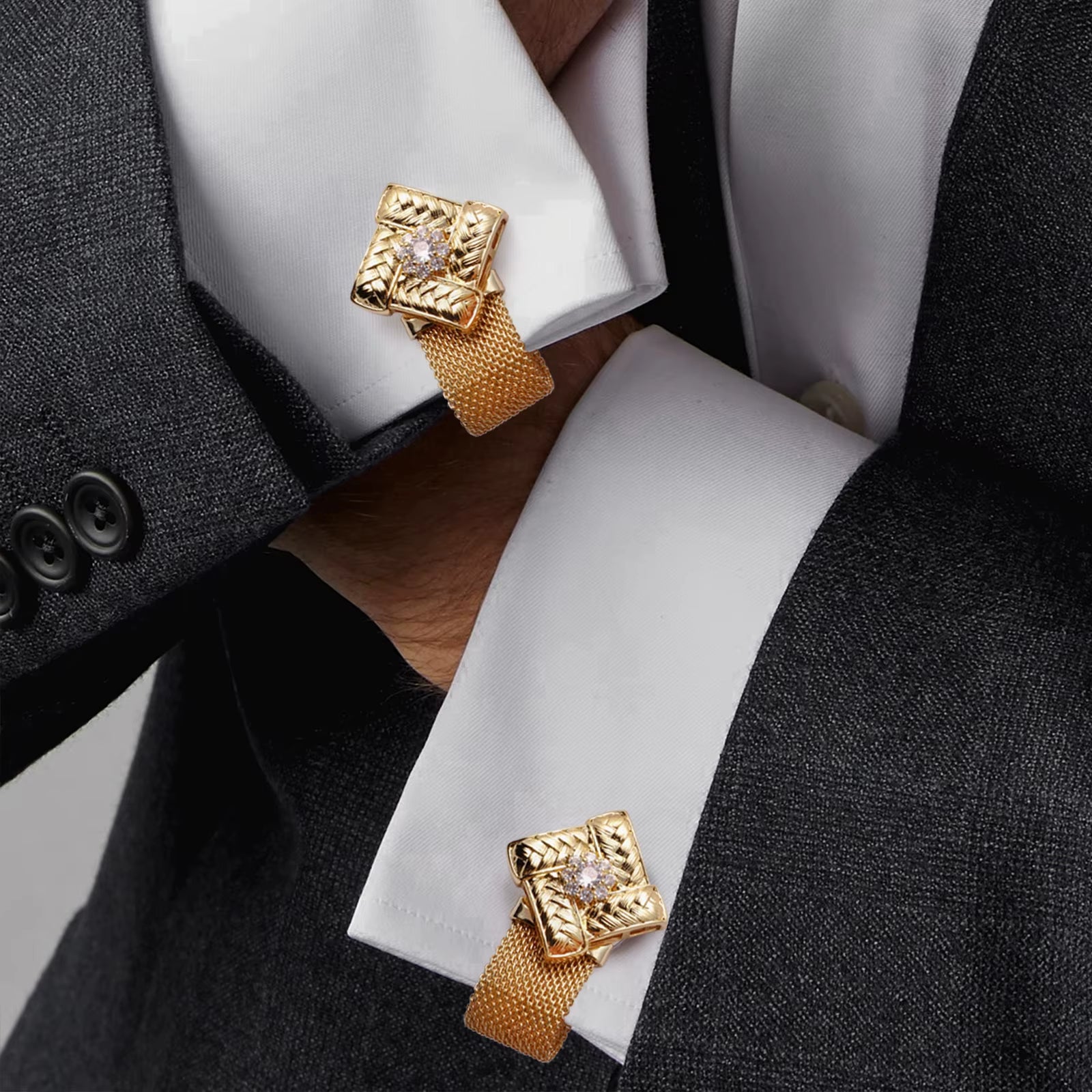 Square Zircon Cufflinks Set with Chain-Cuff Links Mens Shiny Luxurious French Shirt Ornament or Accessory - Party Favors for Men