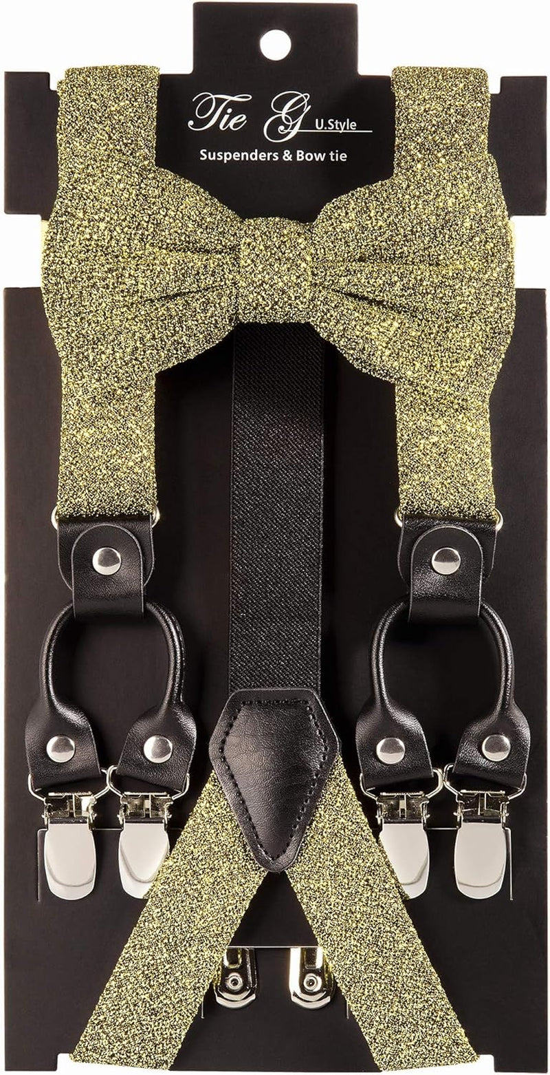 TIE G Men'S Glitter Velvet Suspender + Bow Tie Set for Wedding, Party : Glittering Effects, Adjustable Braces, Strong 6 Clips