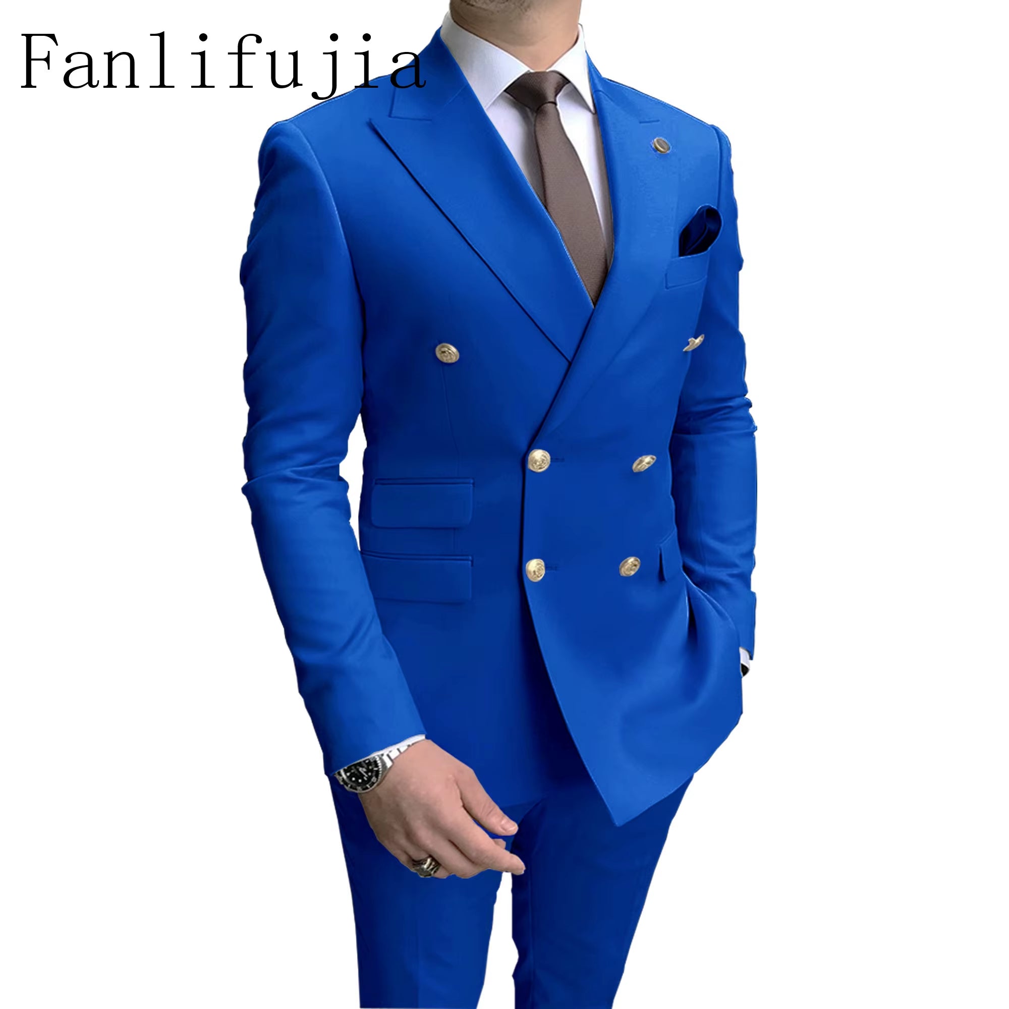 Store Navy Men Party Tuxedos 2 Pieces Latest Peak Lapel Men Suits Gold Buttons Fashion Style Suits Double Breasted