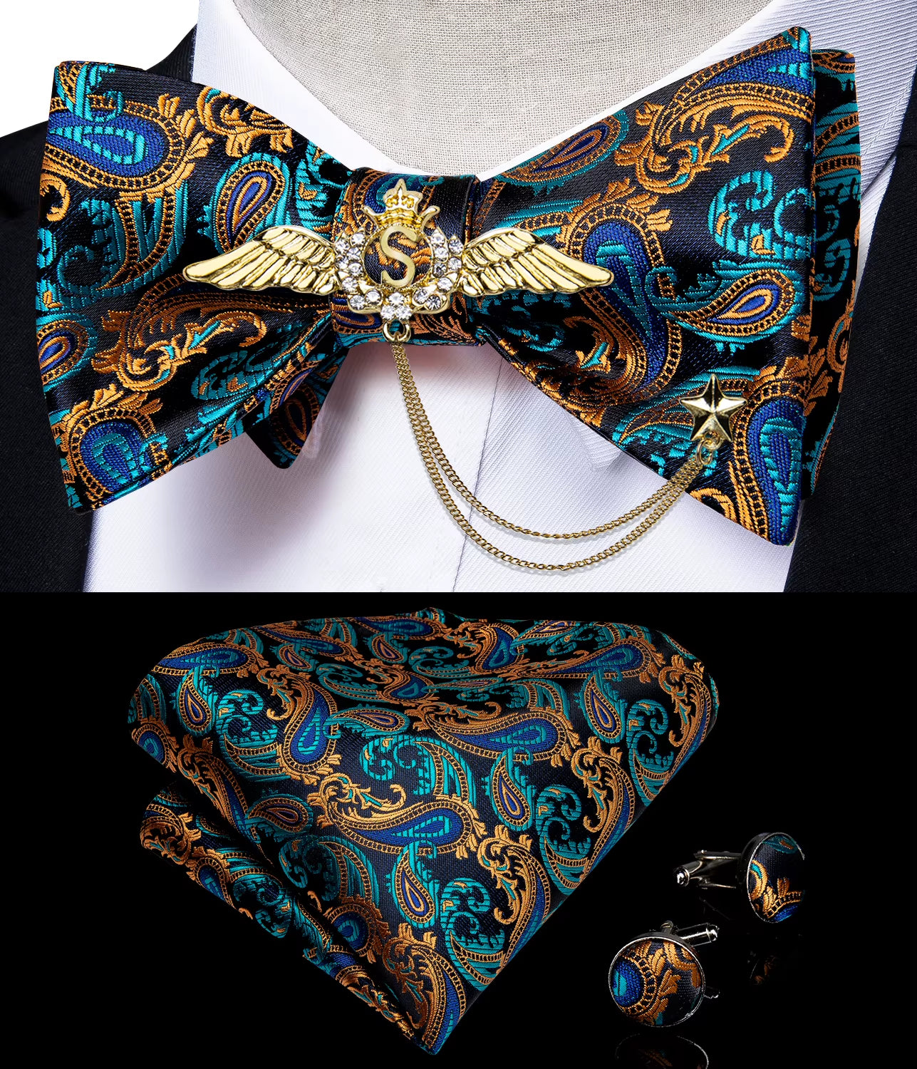 New Arrival Bow Ties for Men Silk Bowties Cufflinks Handkerchief Set for Party Wedding Suit Accessories Man Tie Golden Brooch