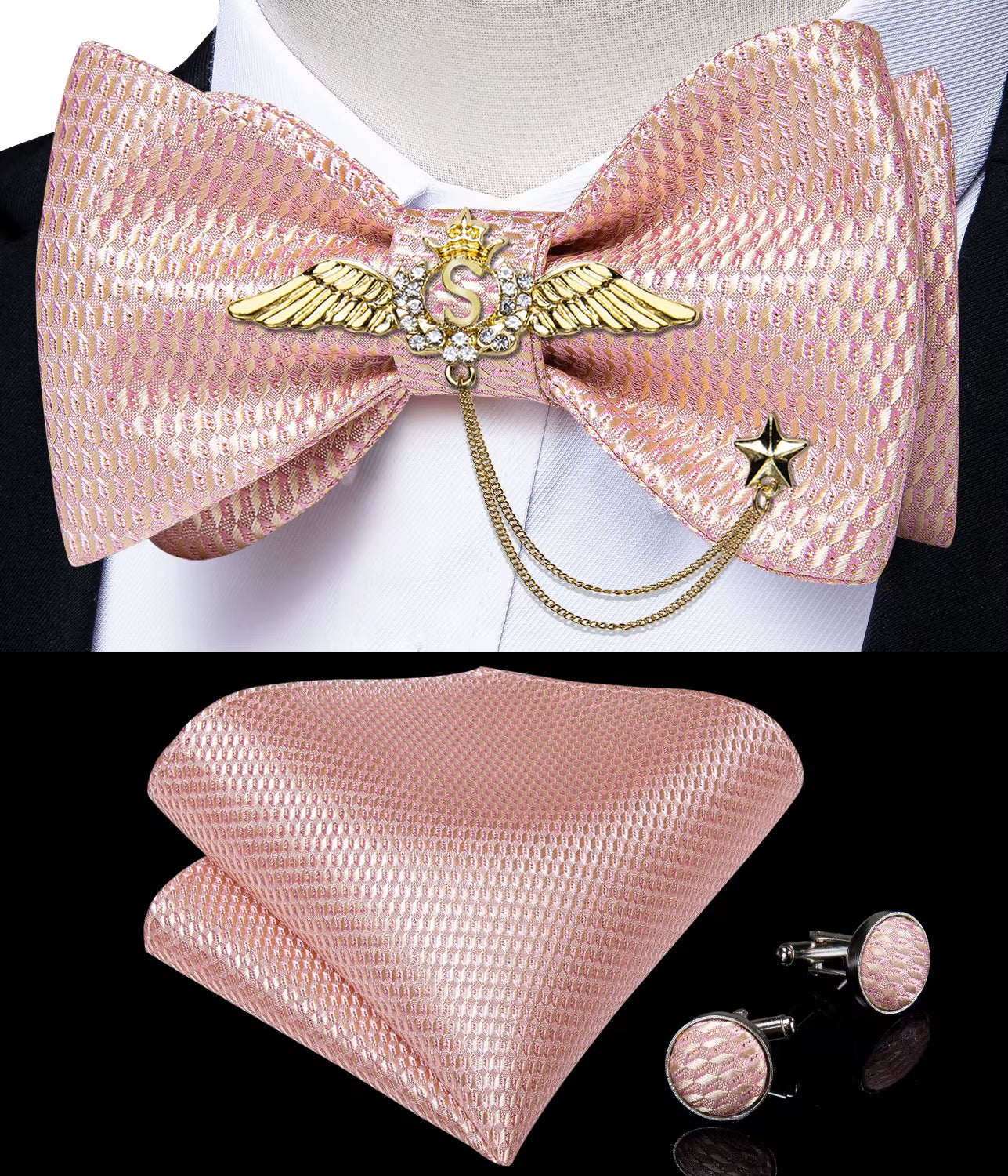 New Arrival Bow Ties for Men Silk Bowties Cufflinks Handkerchief Set for Party Wedding Suit Accessories Man Tie Golden Brooch