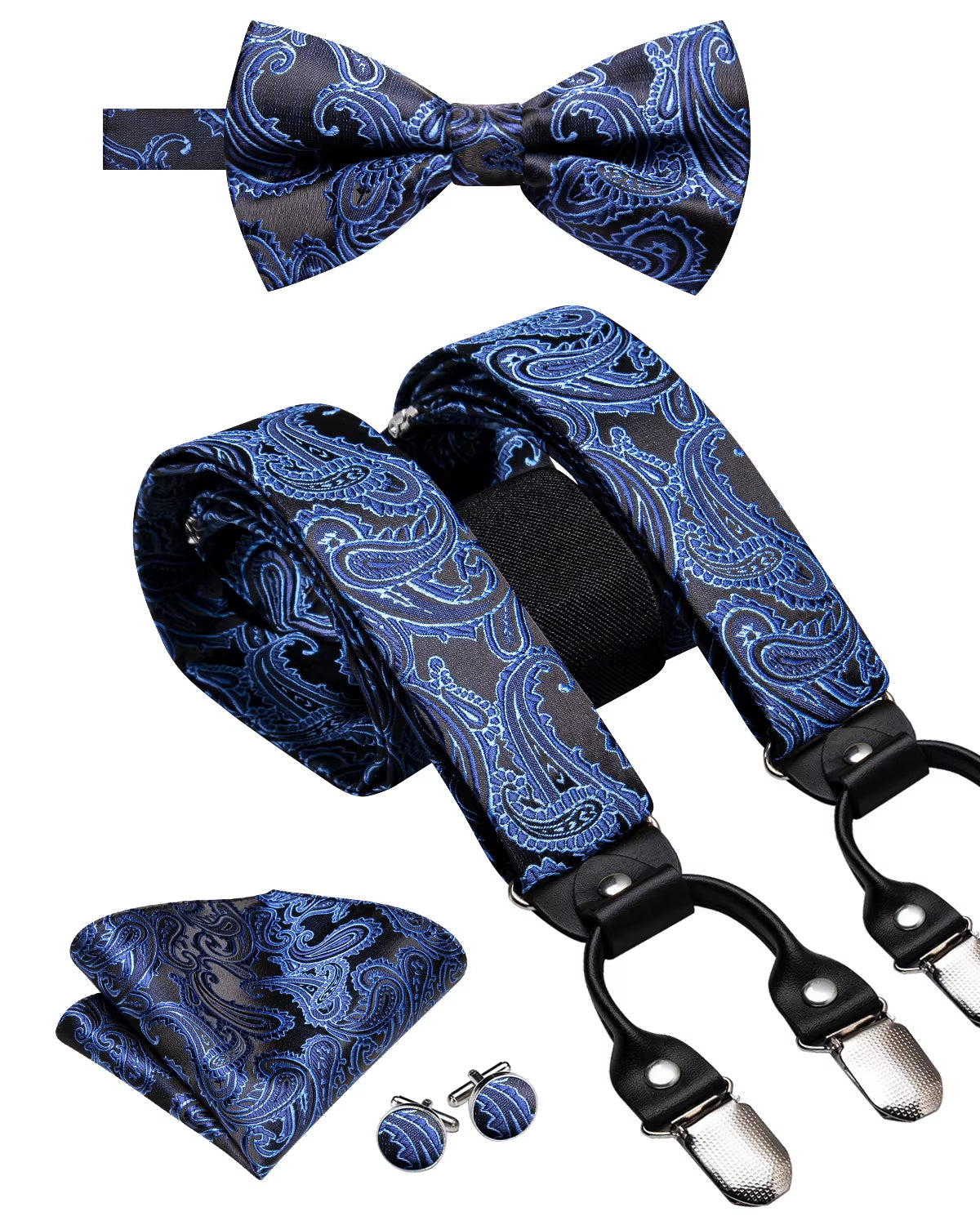 Hi-Tie Vintage Silk Men'S Suspender Set Fashion Gold Floral Suspender and Bow Tie Set Leather Metal 6 Clips Suspender Braces