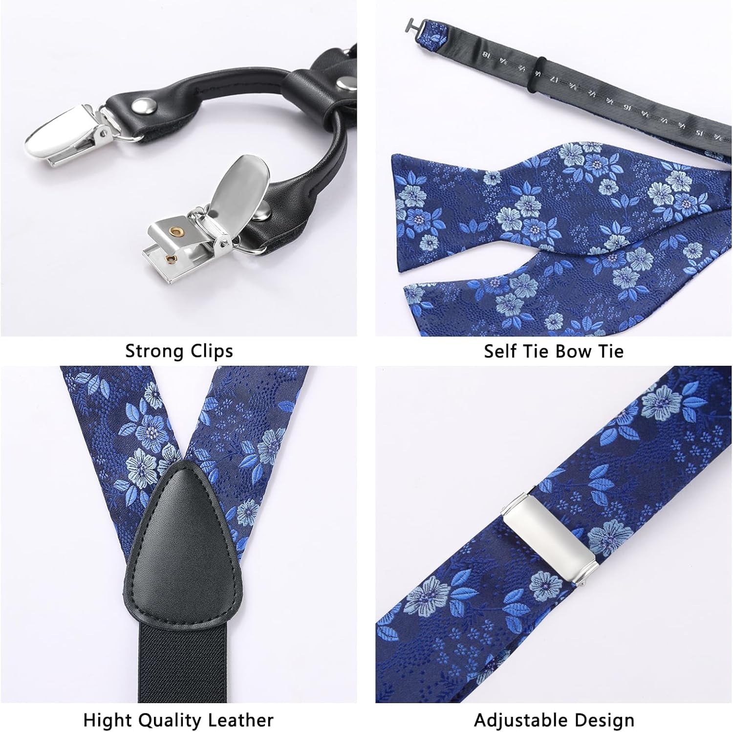 Suspenders for Men Paisley Floral Self Tied Bow Tie and Suspender Pocket Square Sets Adjustable Wedding Braces