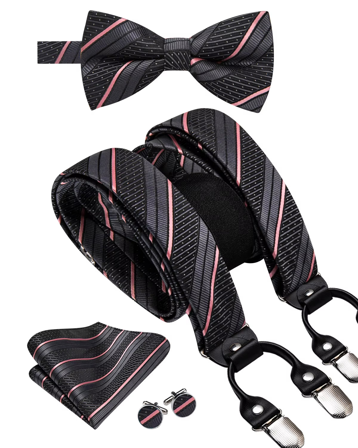 Hi-Tie Vintage Silk Men'S Suspender Set Fashion Gold Floral Suspender and Bow Tie Set Leather Metal 6 Clips Suspender Braces