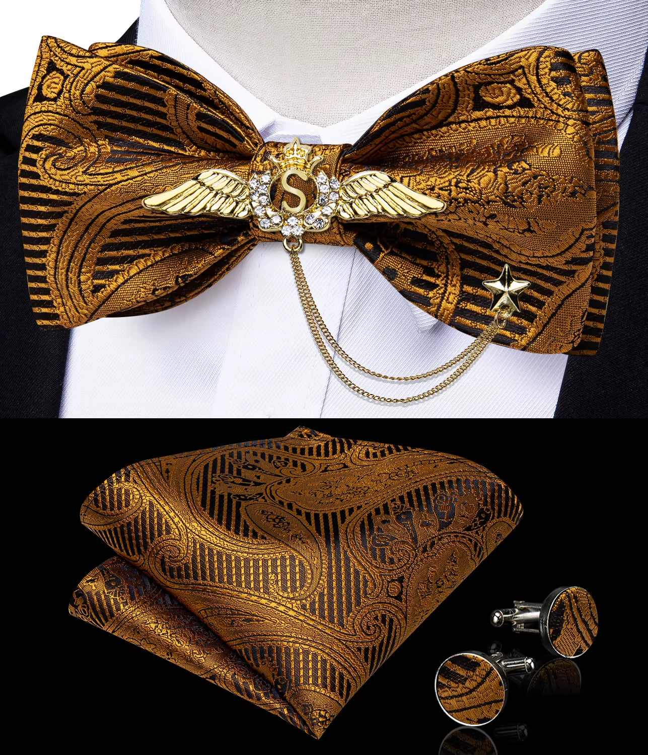 New Arrival Bow Ties for Men Silk Bowties Cufflinks Handkerchief Set for Party Wedding Suit Accessories Man Tie Golden Brooch