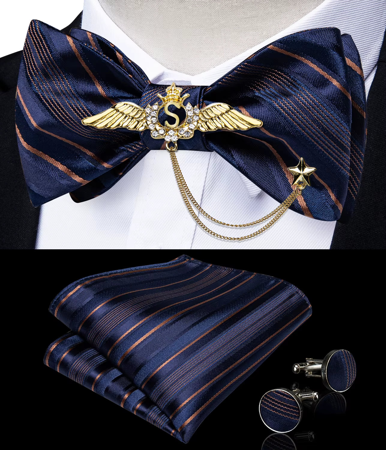 New Arrival Bow Ties for Men Silk Bowties Cufflinks Handkerchief Set for Party Wedding Suit Accessories Man Tie Golden Brooch
