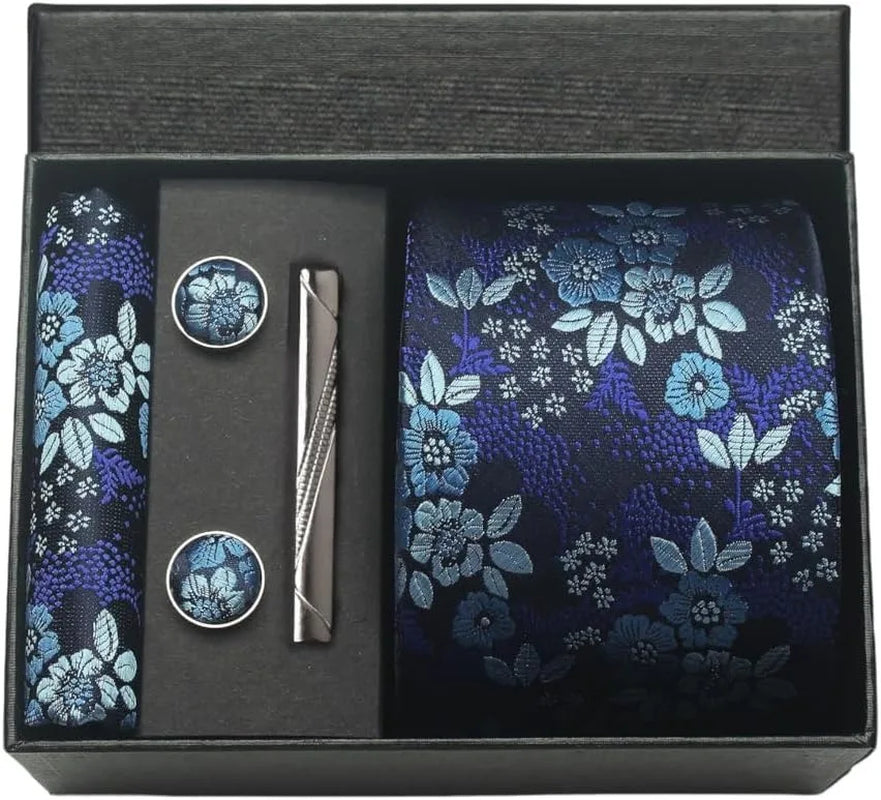 100% Silk Necktie Paisley Floral Mens Tie Top Quality Business Tie Pocket Square Tie Clip Cufflinks Set Classic for Men Gift Box