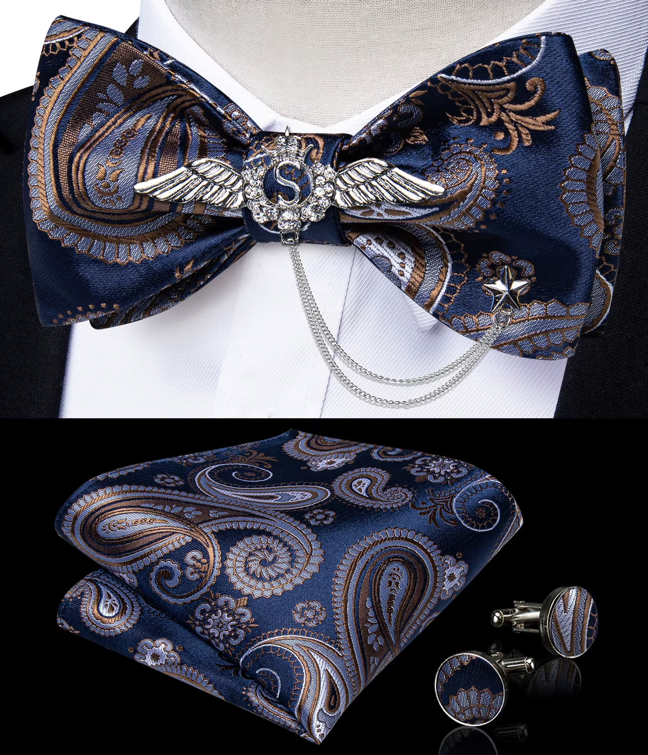 New Arrival Bow Ties for Men Silk Bowties Cufflinks Handkerchief Set for Party Wedding Suit Accessories Man Tie Golden Brooch