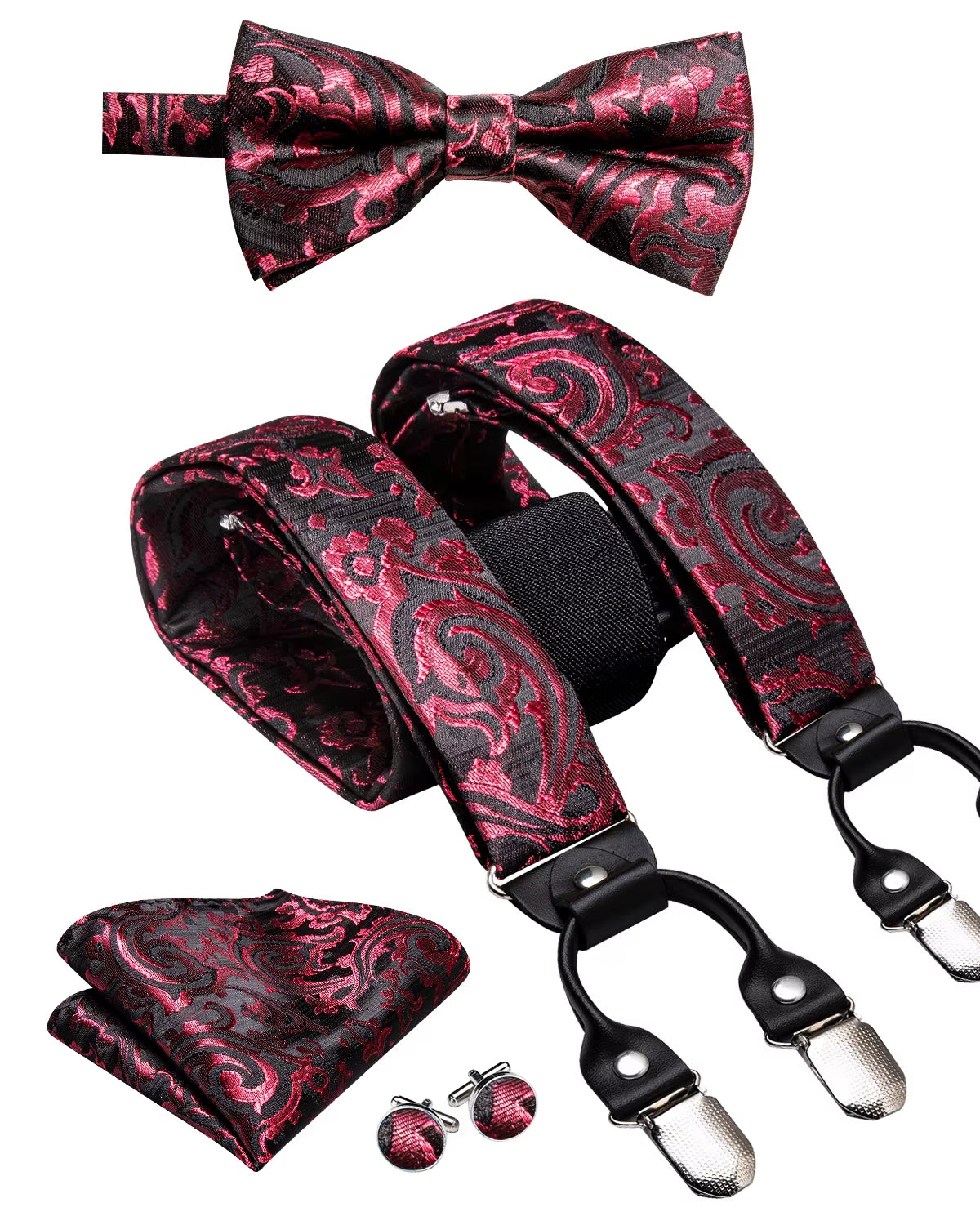 Hi-Tie Vintage Silk Men'S Suspender Set Fashion Gold Floral Suspender and Bow Tie Set Leather Metal 6 Clips Suspender Braces