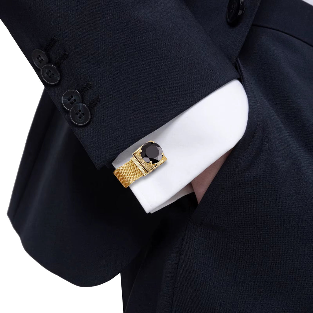 Gold Tone Crystal Cufflinks for Men with Chain Shiny Luxury Cuff Wedding Party Dress Shirt Accessories Gift